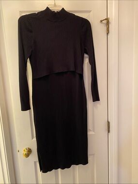 Maternity Stretchy Long Sleeve Ribbed Mock Neck Black Dress